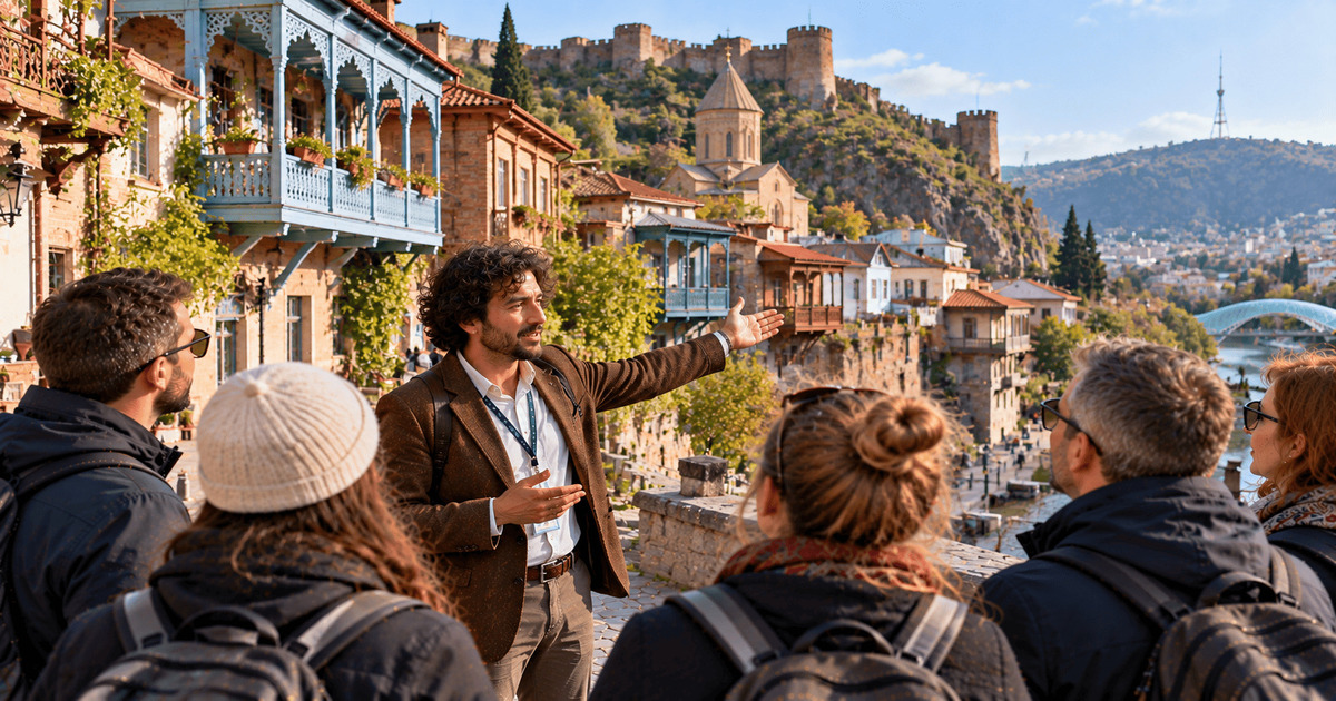 Guide touristique présentant la vieille ville de Tbilissi à un groupe de visiteurs, avec ses maisons traditionnelles aux balcons en bois et sa forteresse historique en arrière-plan.