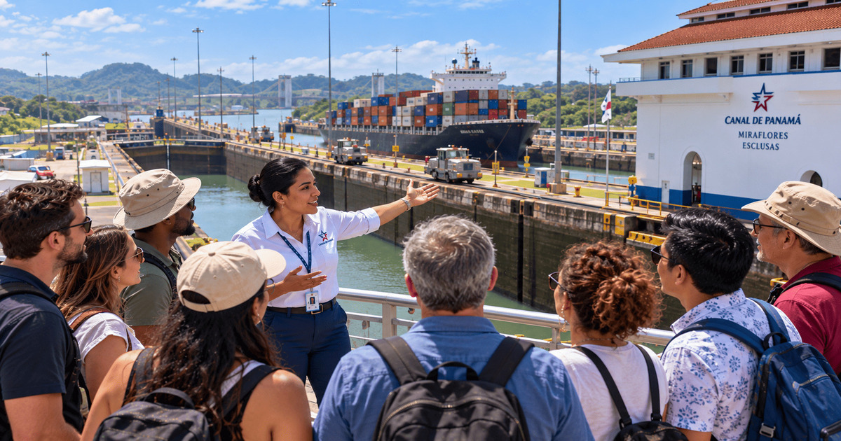 Guide touristique présentant les célèbres écluses de Miraflores à un groupe de voyageurs lors d'une visite du canal de Panama. Vue sur un grand porte-conteneurs traversant les écluses, les infrastructures du canal et les installations du centre d'accueil de Miraflores, au Panama.