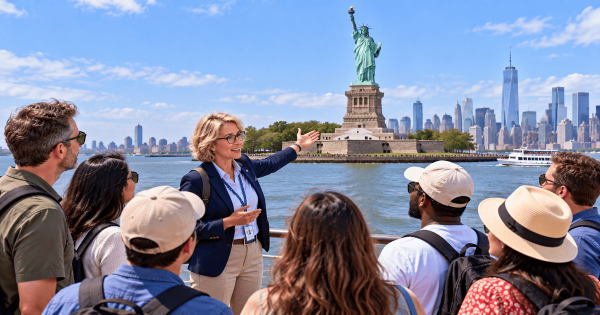 Guide touristique présentant la Statue de la Liberté à un groupe de visiteurs avec la skyline de Manhattan en arrière-plan.