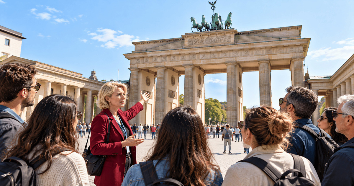 Guide touristique présentant la célèbre porte de Brandebourg à un groupe de visiteurs sur la Pariser Platz, monument emblématique de Berlin en Allemagne.