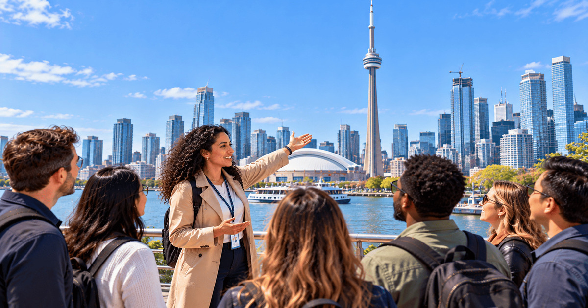 Guide touristique présentant la skyline de Toronto à un groupe de visiteurs, avec la célèbre tour CN en arrière-plan.
