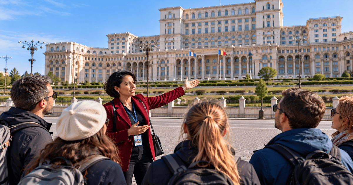 Guide touristique présentant le majestueux Palais du Parlement roumain à un groupe de visiteurs, avec son impressionnante façade néoclassique, ses nombreuses fenêtres, ses imposantes colonnes et ses jardins soigneusement aménagés, au cœur de Bucarest en Roumanie.