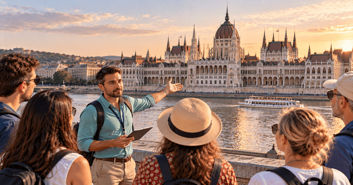 Guide touristique présentant le majestueux Parlement de Budapest à un groupe de visiteurs au bord du Danube au coucher du soleil.