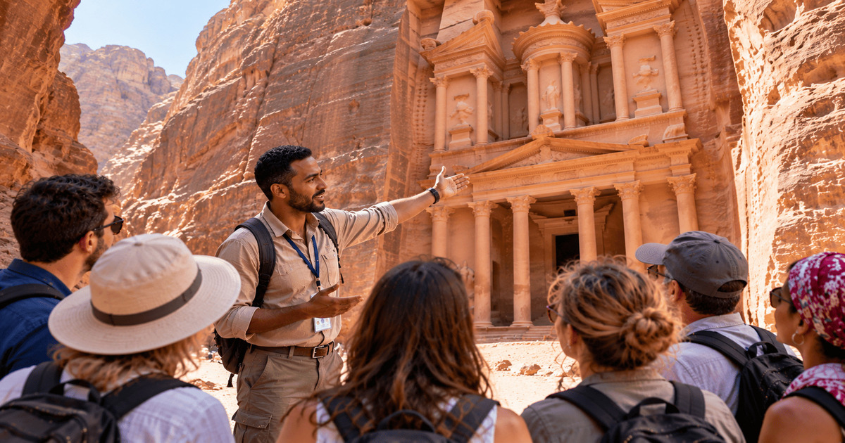 Un guide touristique présente le célèbre Trésor de Pétra à un groupe de visiteurs au milieu des impressionnantes falaises rocheuses.