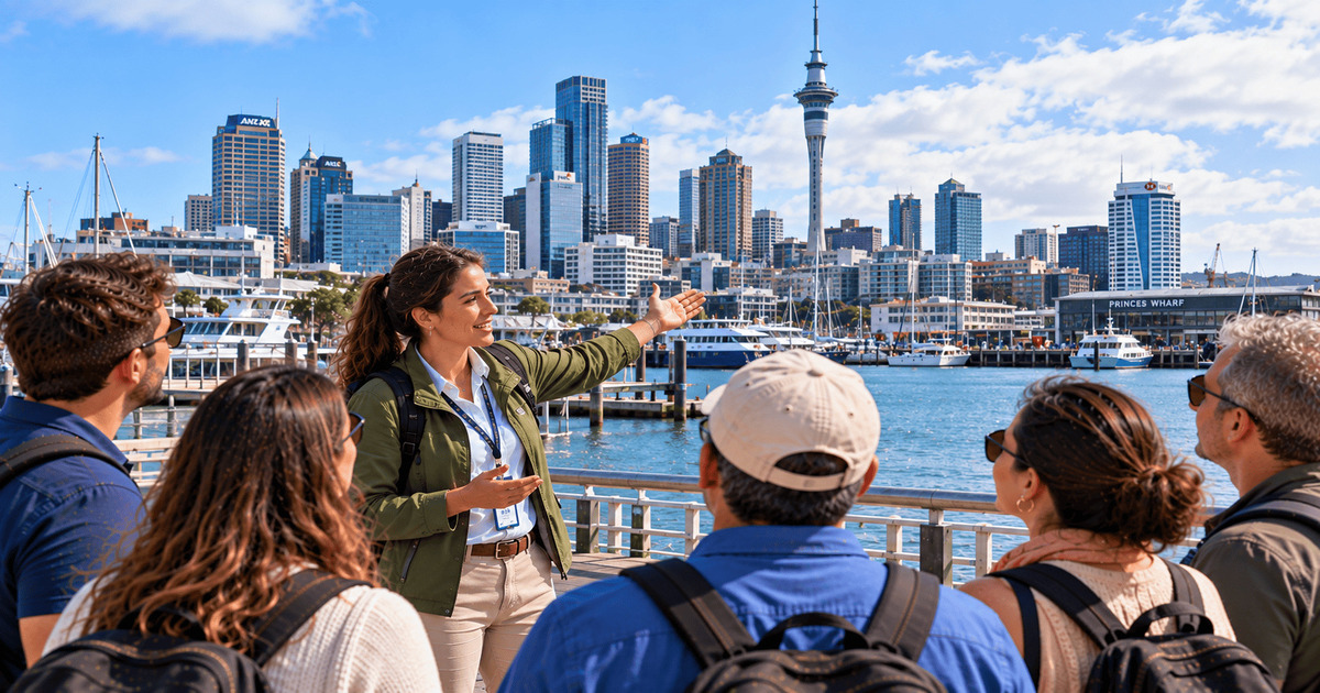 Guide touristique présentant le célèbre port d'Auckland à un groupe de visiteurs, avec les eaux bleues du front de mer, les nombreux voiliers et yachts, les gratte-ciel du quartier d'affaires et l'emblématique Sky Tower en arrière-plan, en Nouvelle-Zélande.