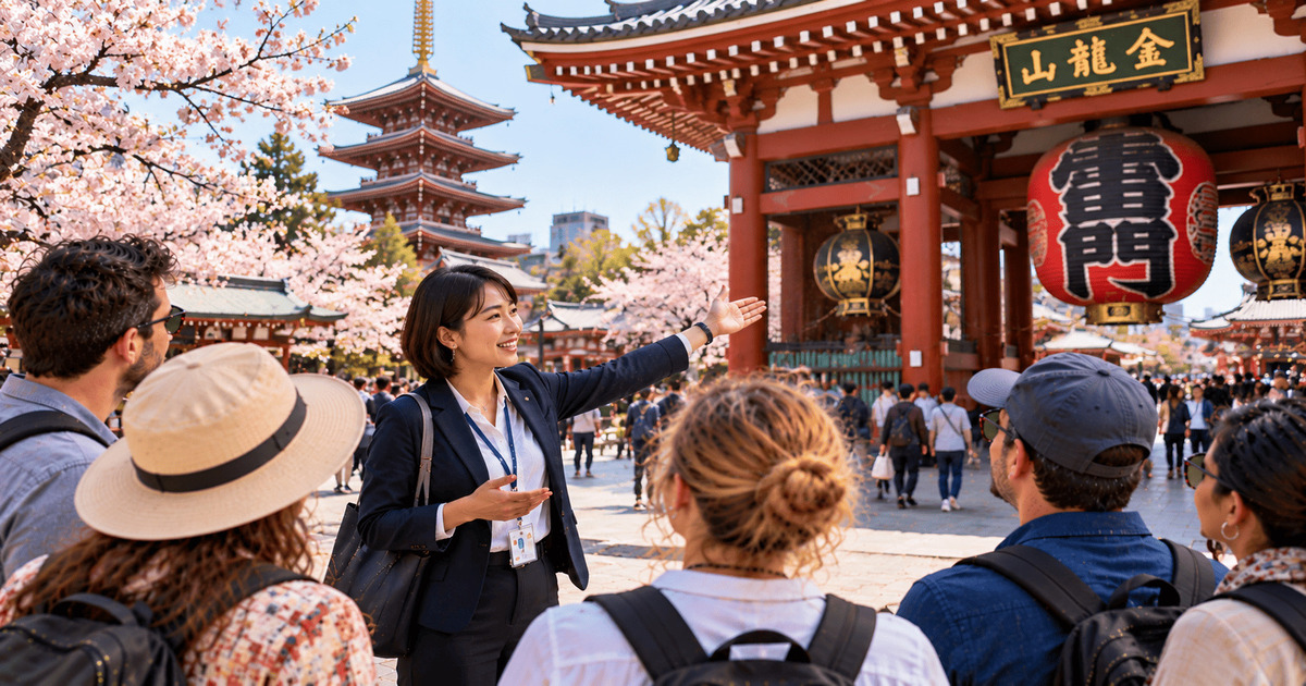 Une guide touristique japonaise présente le temple Sensō-ji à un groupe de visiteurs, entouré de cerisiers en fleurs et de l'architecture traditionnelle japonaise.