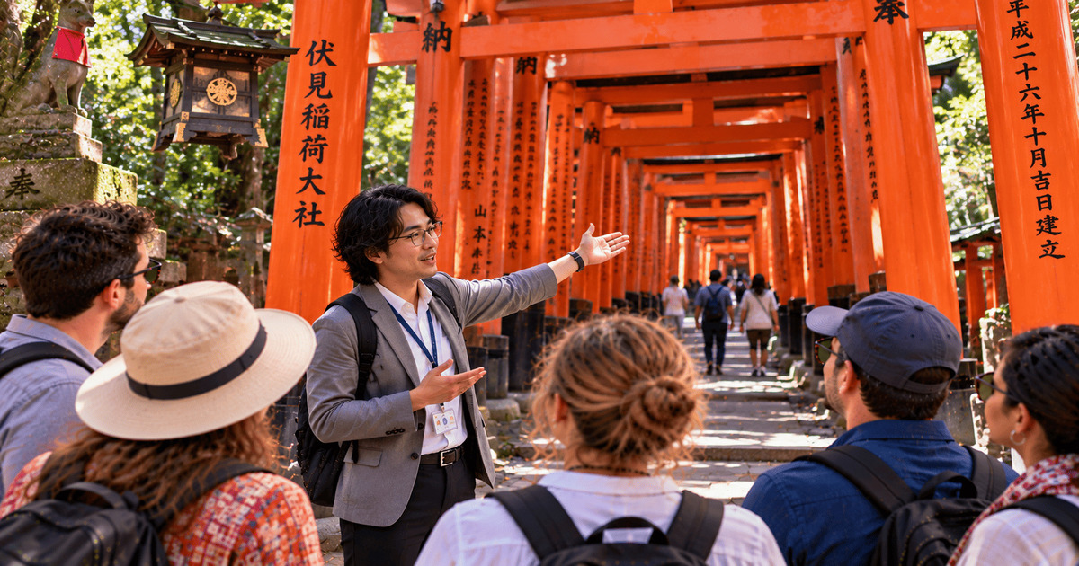 Un guide touristique japonais présente le sanctuaire Fushimi Inari à un groupe de visiteurs, au milieu d'une succession de torii rouges ornés d'inscriptions japonaises.