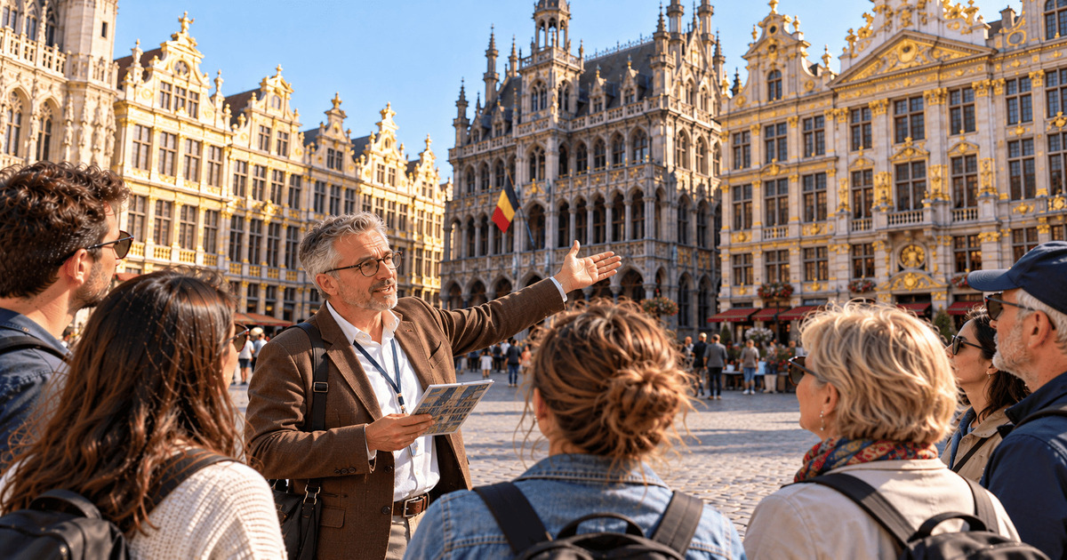 Guide touristique présentant les magnifiques bâtiments historiques de la Grand-Place de Bruxelles à un groupe de visiteurs.