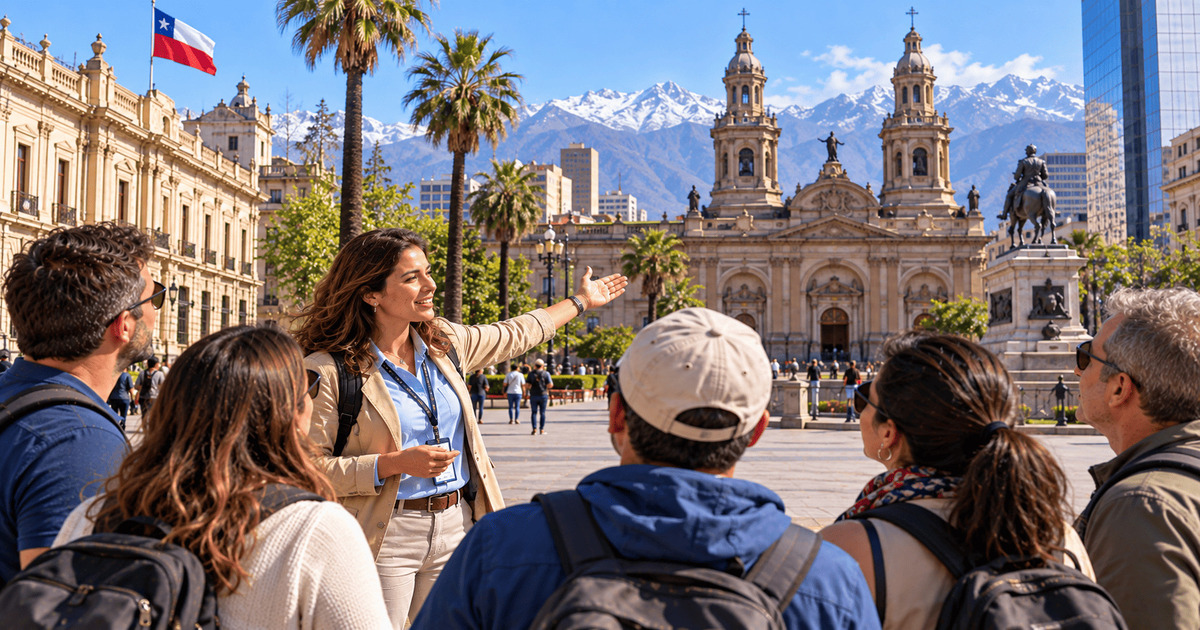 Guide touristique présentant la cathédrale métropolitaine de Santiago aux visiteurs sur la Plaza de Armas, au Chili.