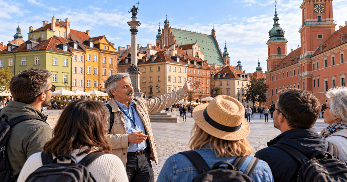Guide touristique présentant la magnifique place du Château de Varsovie à un groupe de visiteurs, avec ses maisons colorées aux façades historiques, la colonne de Sigismond III Vasa, le château royal et les monuments emblématiques du centre historique de Varsovie en Pologne.