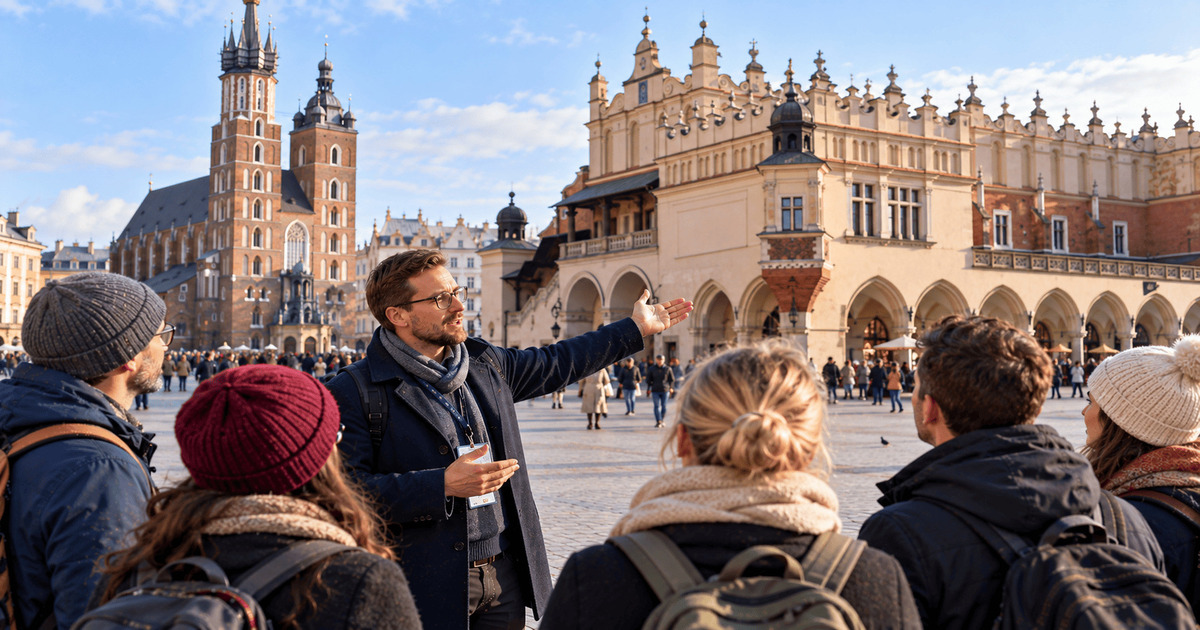 Guide touristique présentant la célèbre place du Marché de Cracovie à un groupe de visiteurs, avec la majestueuse basilique Sainte-Marie, ses deux tours gothiques, la Halle aux Draps et les magnifiques façades historiques du centre-ville de Cracovie en Pologne.