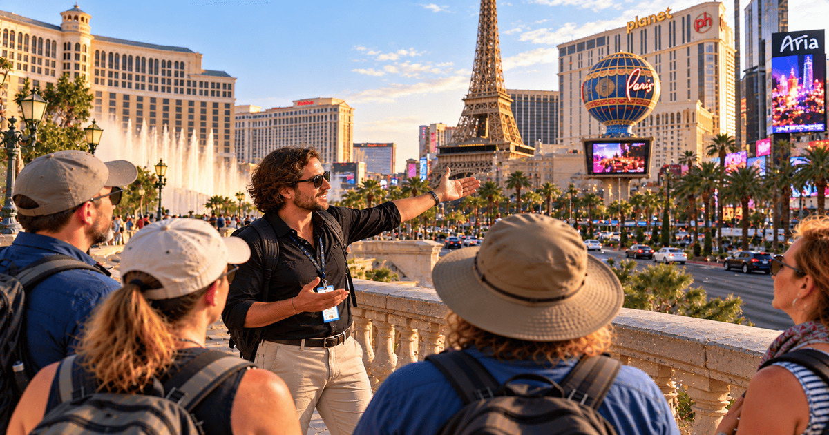 Guide touristique présentant le Strip de Las Vegas à un groupe de visiteurs avec la tour Eiffel du Paris Las Vegas et les hôtels emblématiques en arrière-plan.
