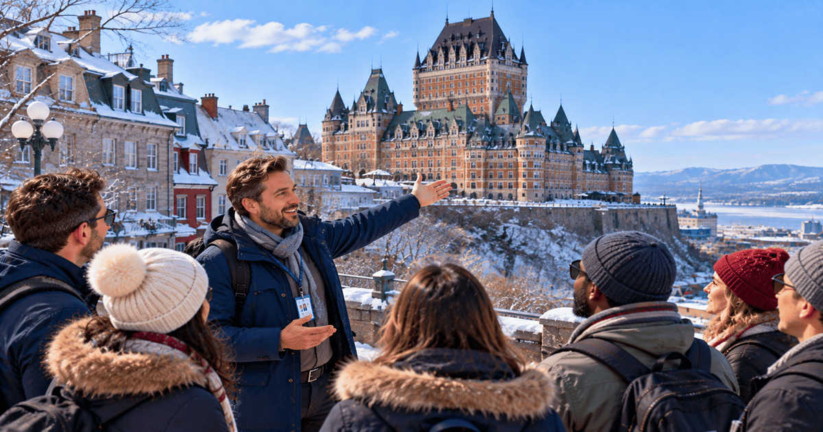 Un guide touristique présente le majestueux Château Frontenac à un groupe de visiteurs dans les rues enneigées du Vieux-Québec, en hiver.
